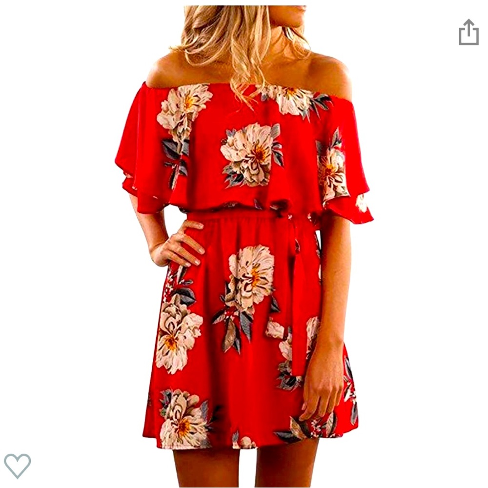 Yobecho Off Shoulder Red Floral Dress XL